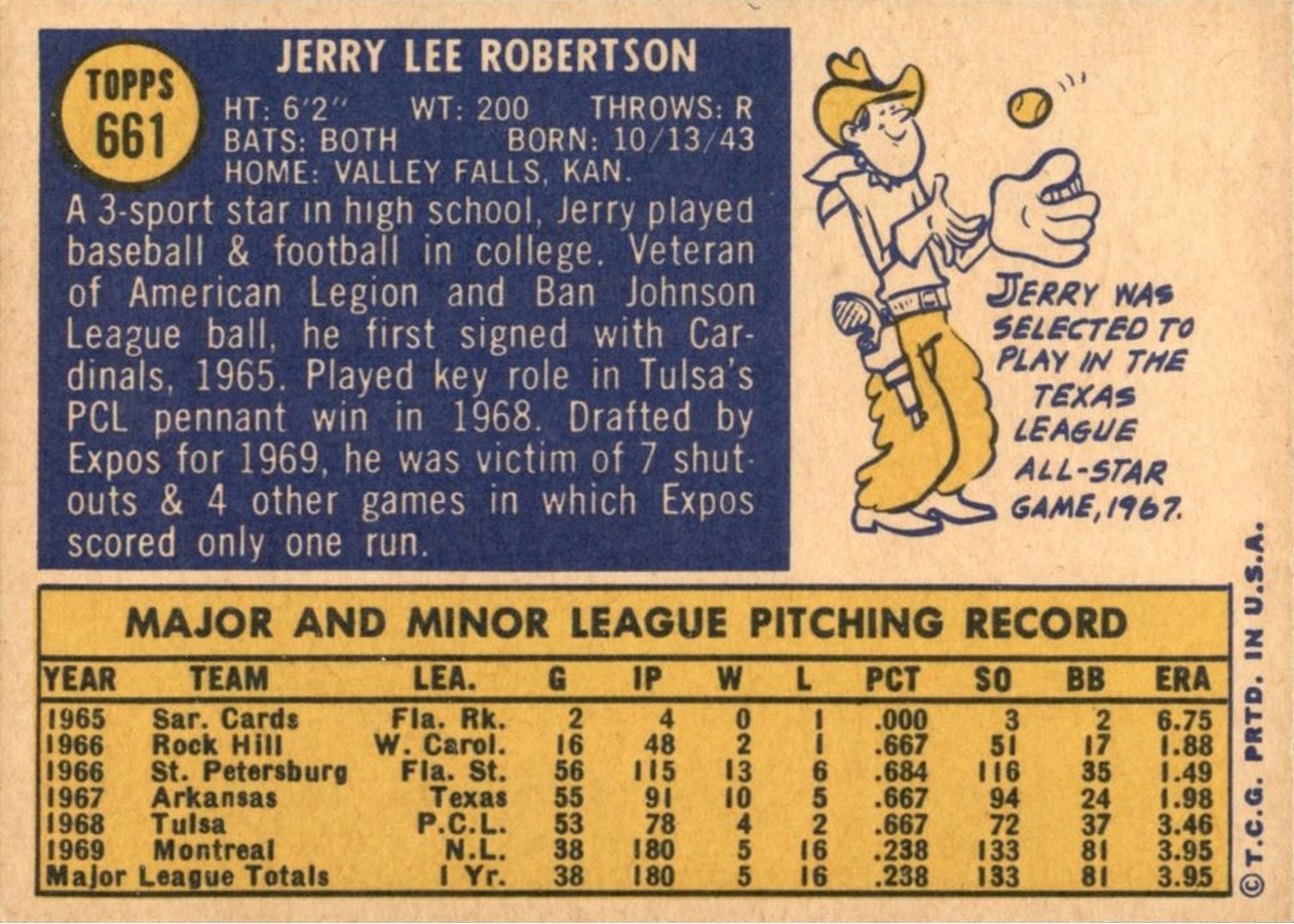 1970 Topps #661 Jerry Robertson card back