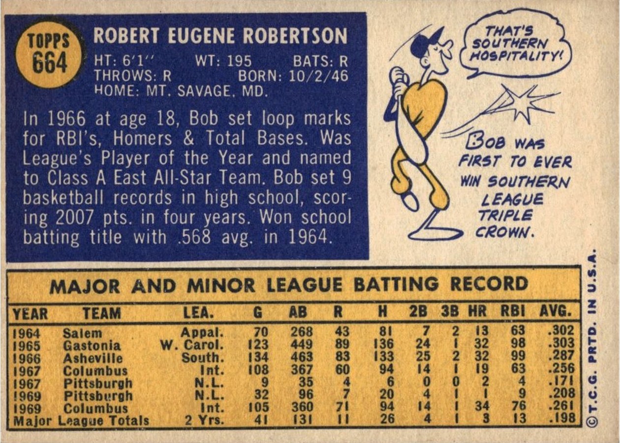 1970 Topps #664 Bob Robertson card back