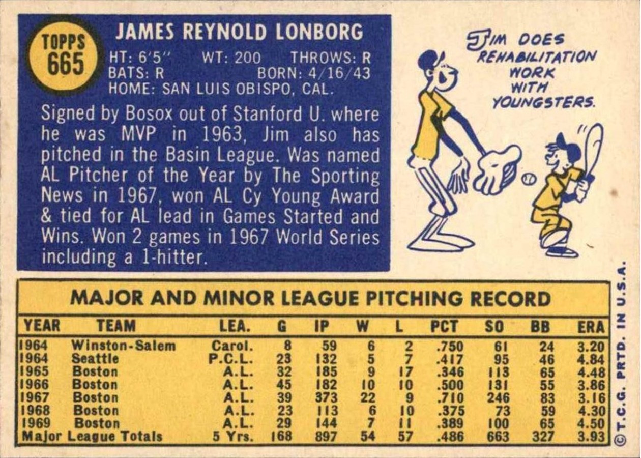 1970 Topps #665 Jim Lonborg card back