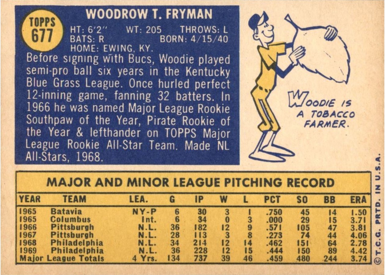 1970 Topps #677 Woodie Fryman card back