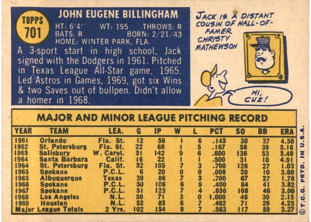 1970 Topps #701 Jack Billingham card back