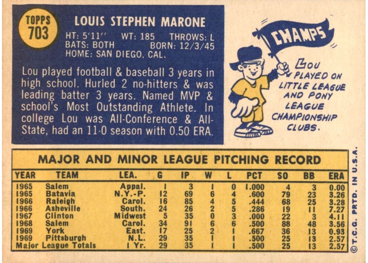 1970 Topps #703 Lou Marone card back
