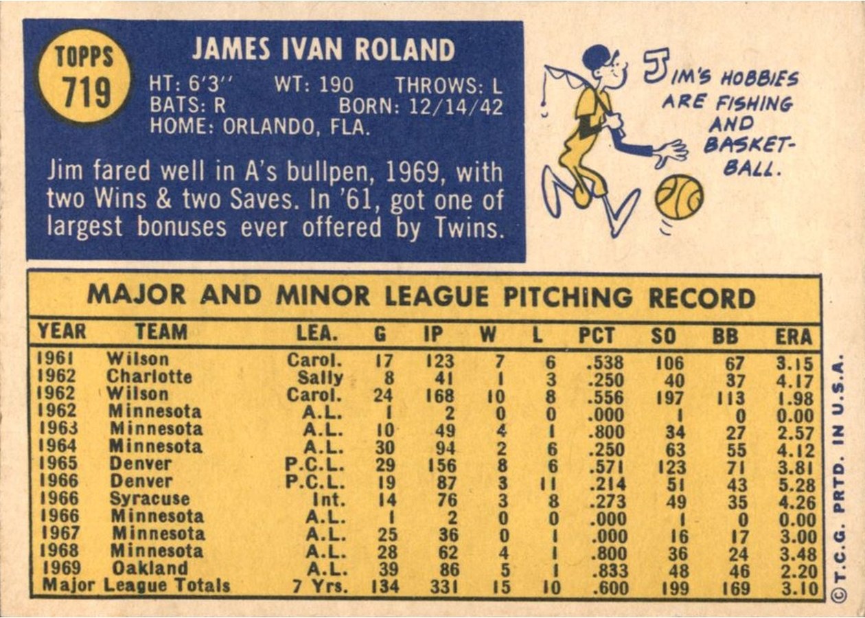 1970 Topps #719 Jim Roland card back