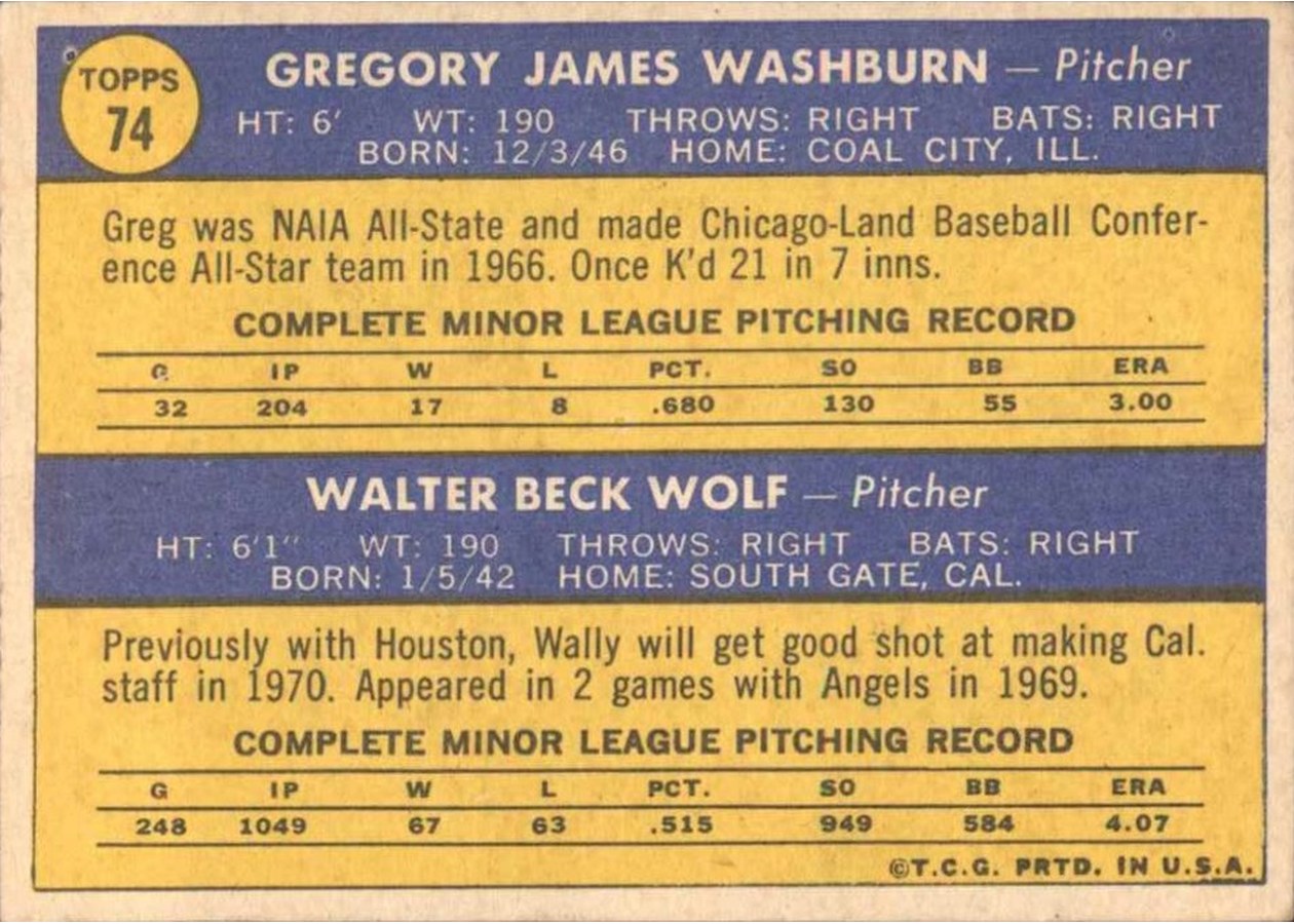 1970 Topps #74 Angels 1970 Rookie Stars card back