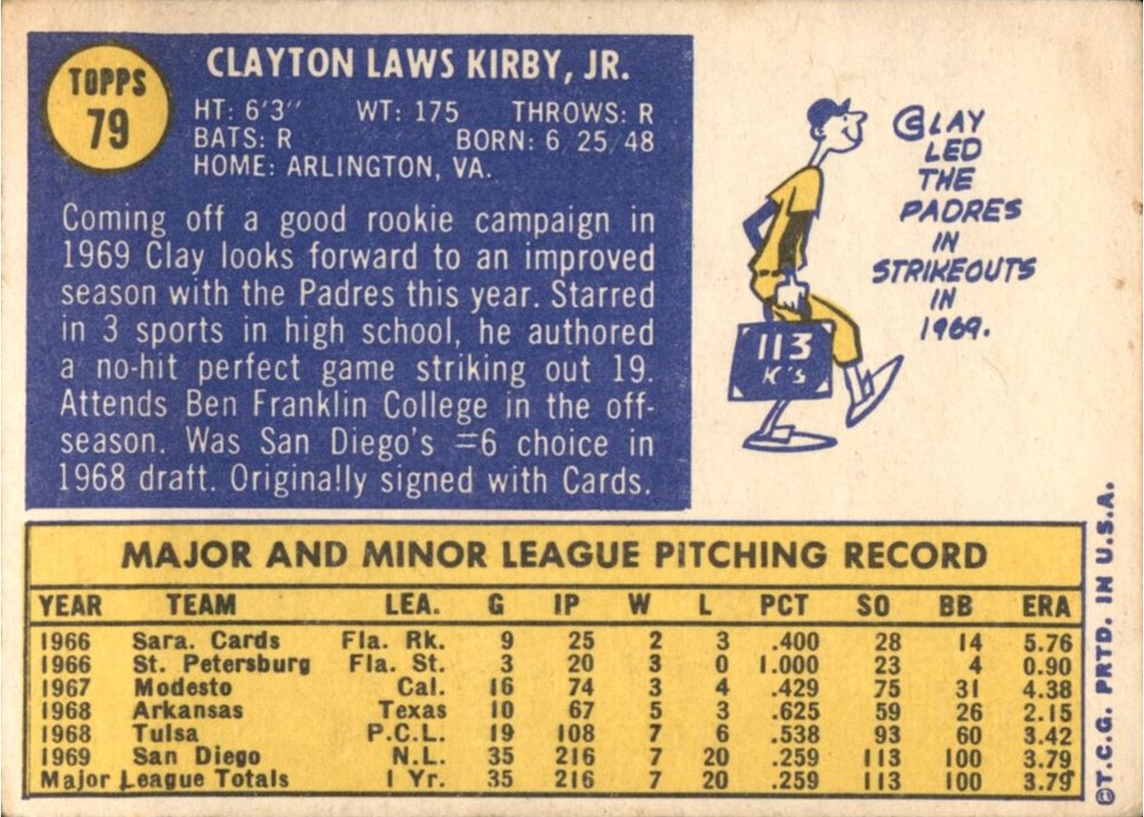 1970 Topps #79 Clay Kirby card back