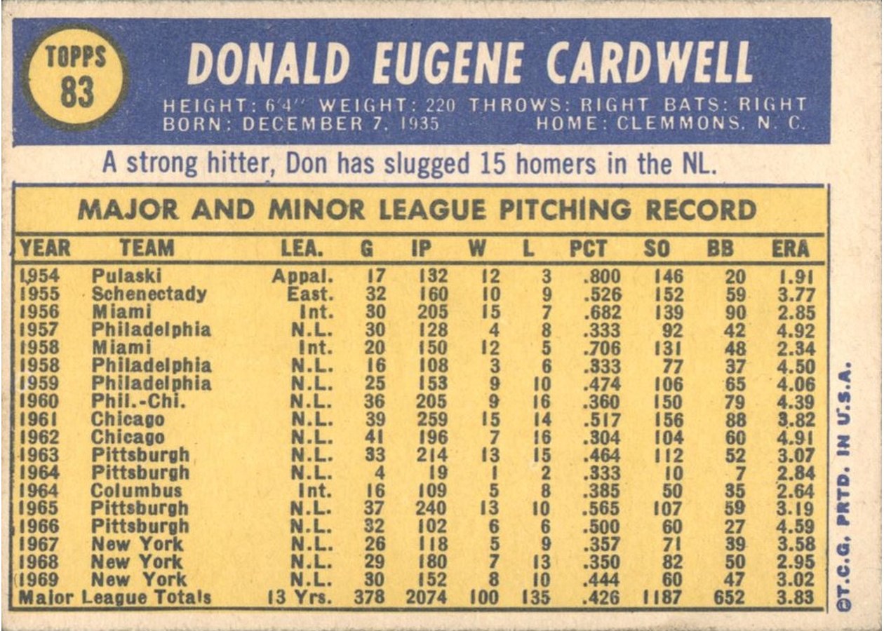 1970 Topps #83 Don Cardwell card back