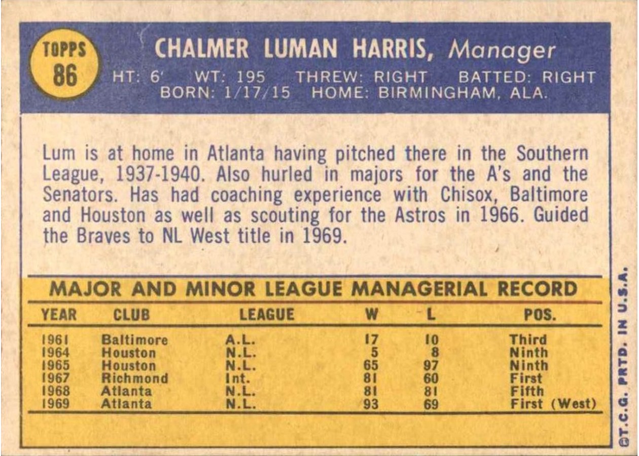 1970 Topps #86 Lum Harris card back