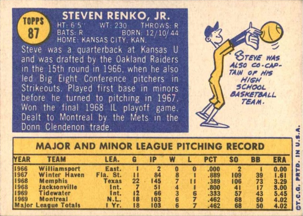 1970 Topps #87 Steve Renko card back