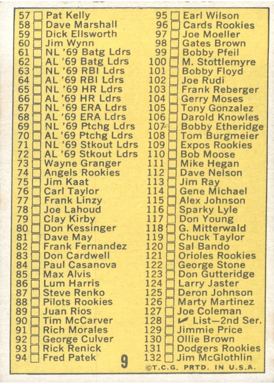 1970 Topps #9 1st Series Checklist: 1-132 card back