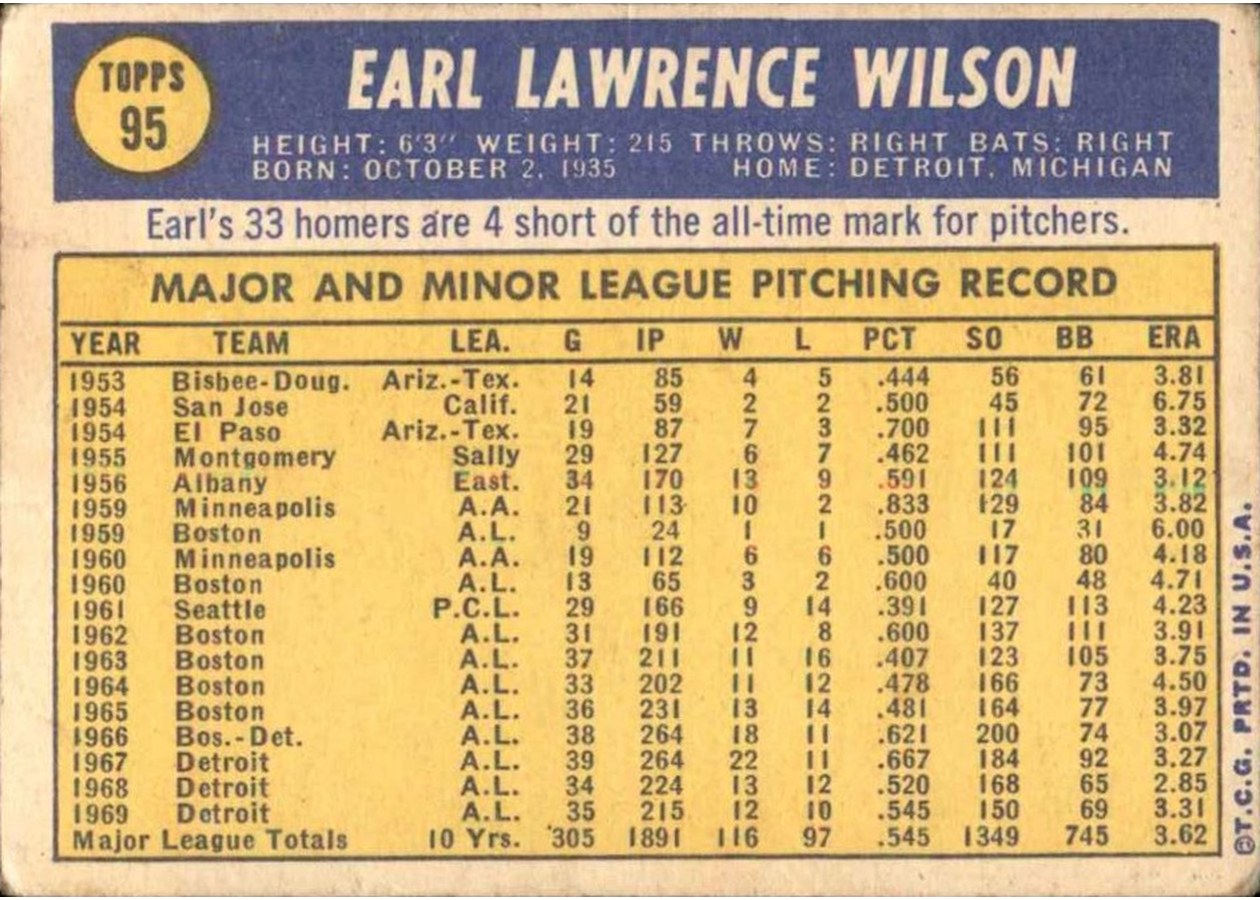 1970 Topps #95 Earl Wilson card back