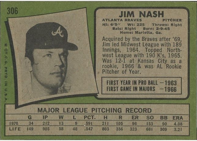 1971 Topps #306 Jim Nash - 306b - Black Blob (back)