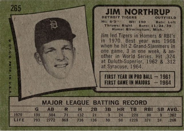 1971 Topps #265 Jim Northrup - 265b - Dark Black Blob (back)