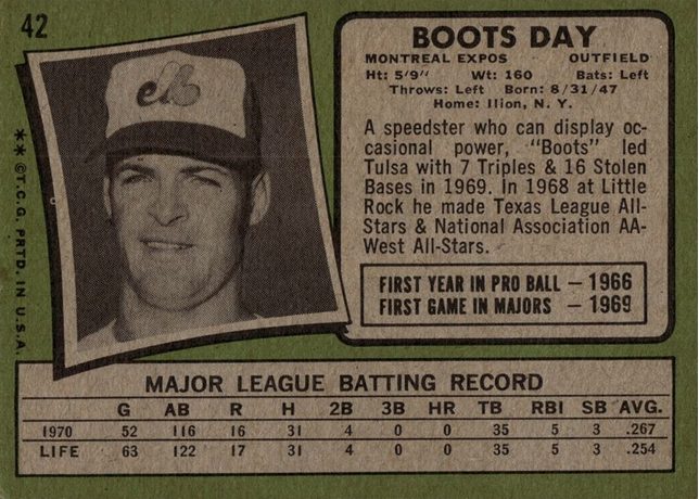 1971 Topps #42 Boots Day - 42b - Stadium Lights Behind Ear (back)