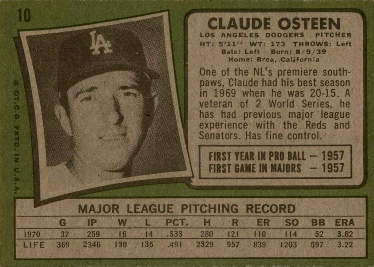 1971 Topps #10 Claude Osteen card back