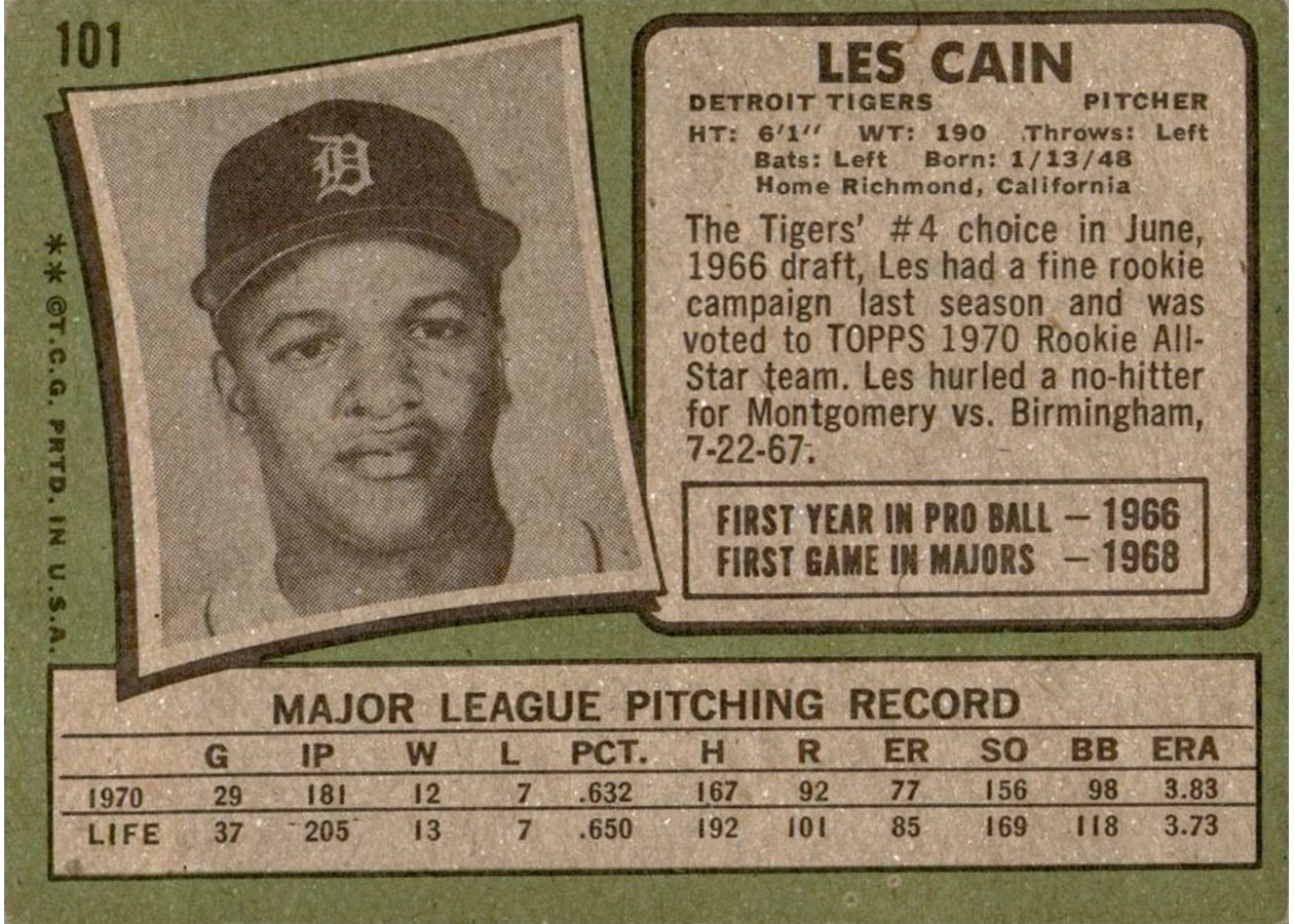 1971 Topps #101 Les Cain card back