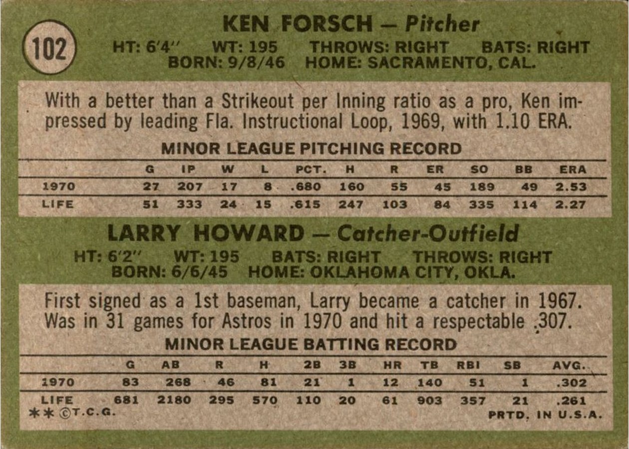 1971 Topps #102 Astros 1971 Rookie Stars card back