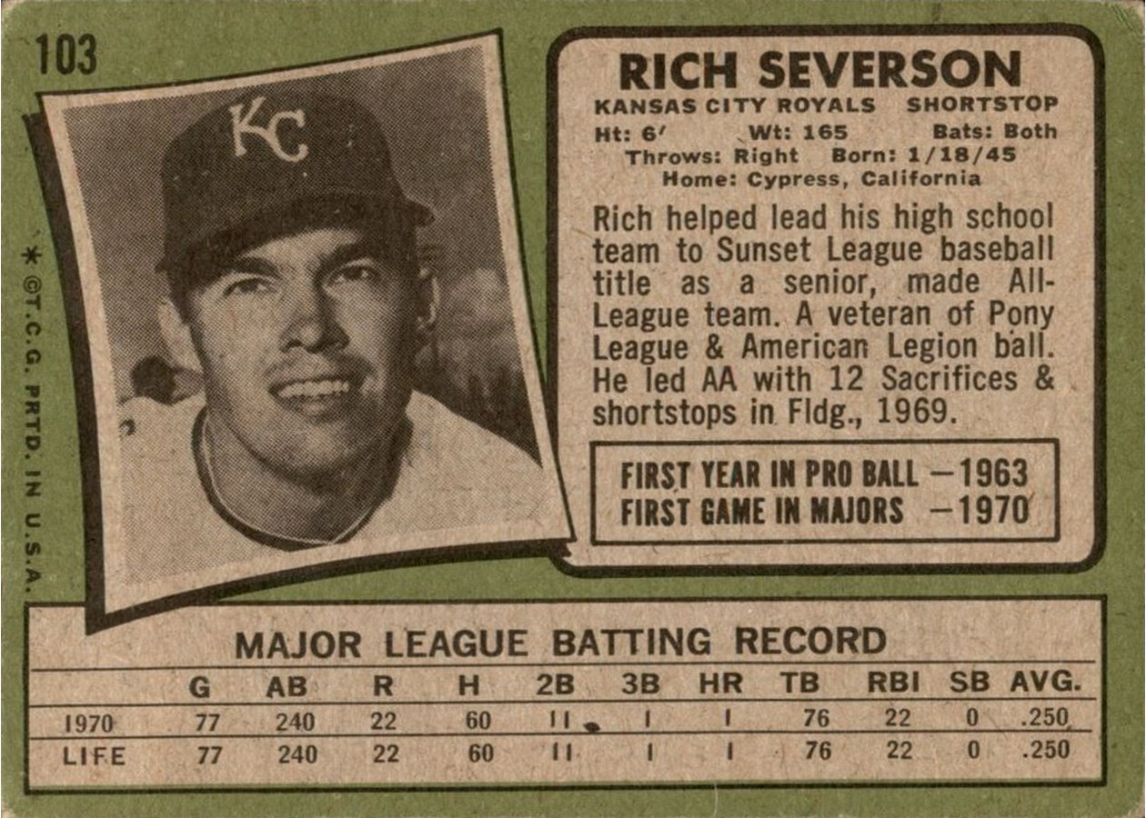 1971 Topps #103 Rich Severson card back
