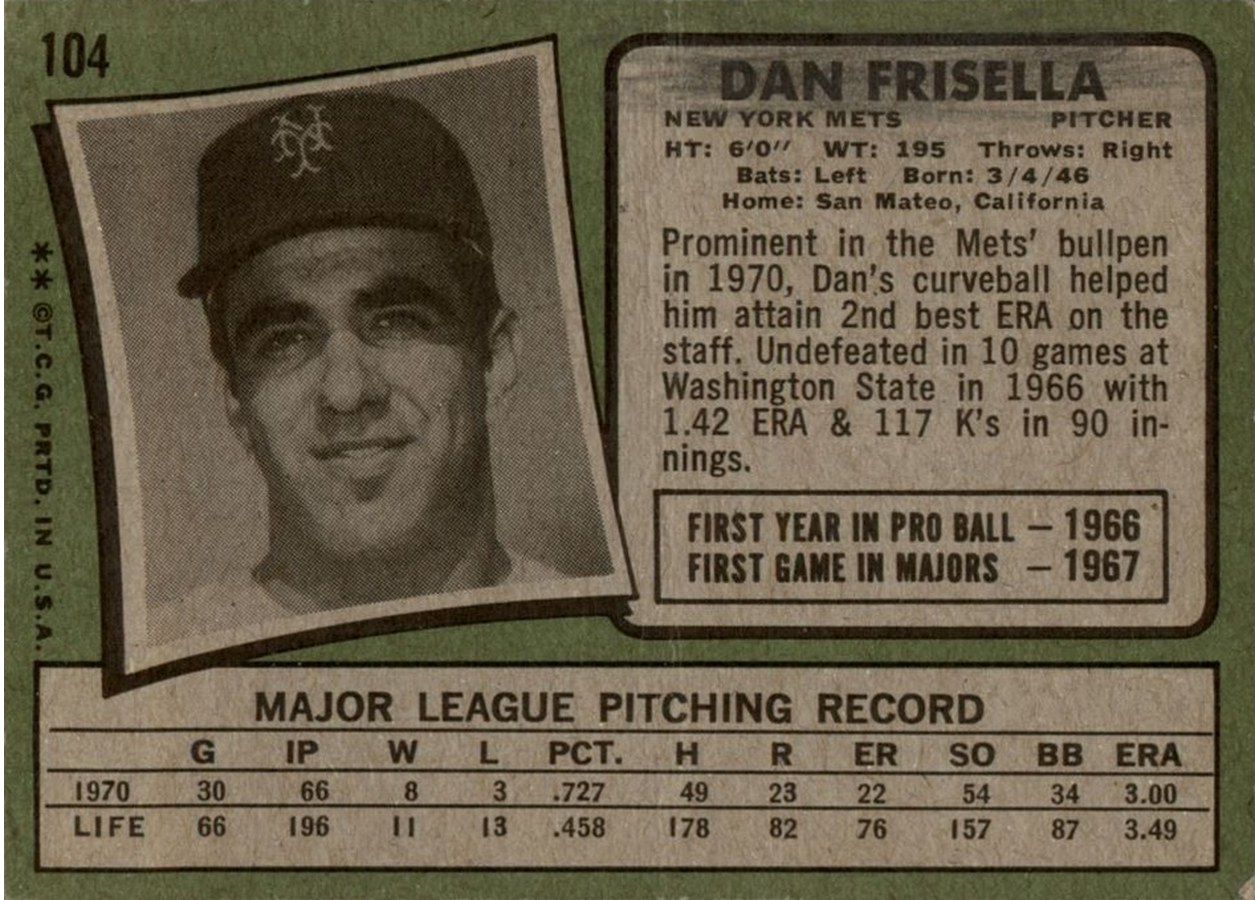 1971 Topps #104 Dan Frisella card back
