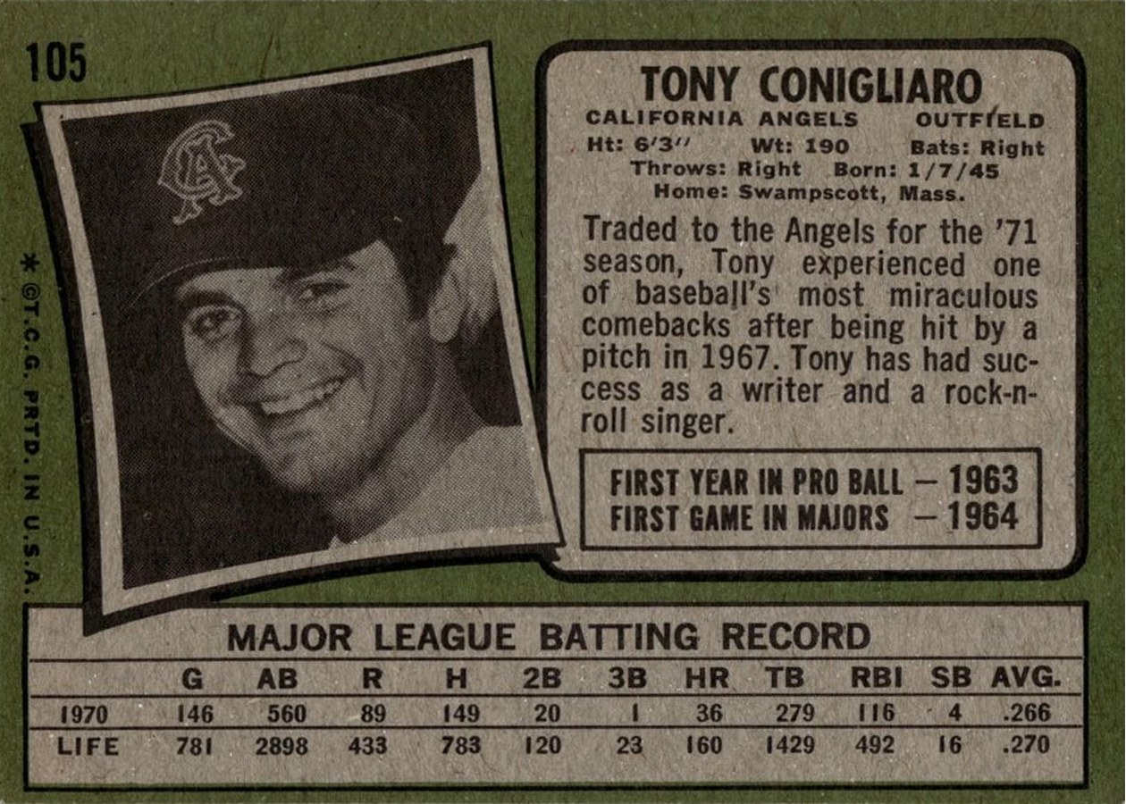 1971 Topps #105 Tony Conigliaro card back