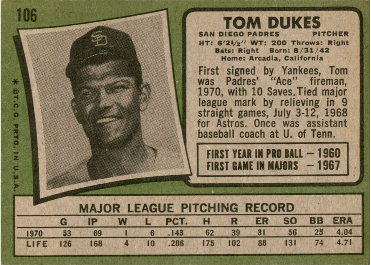 1971 Topps #106 Tom Dukes card back