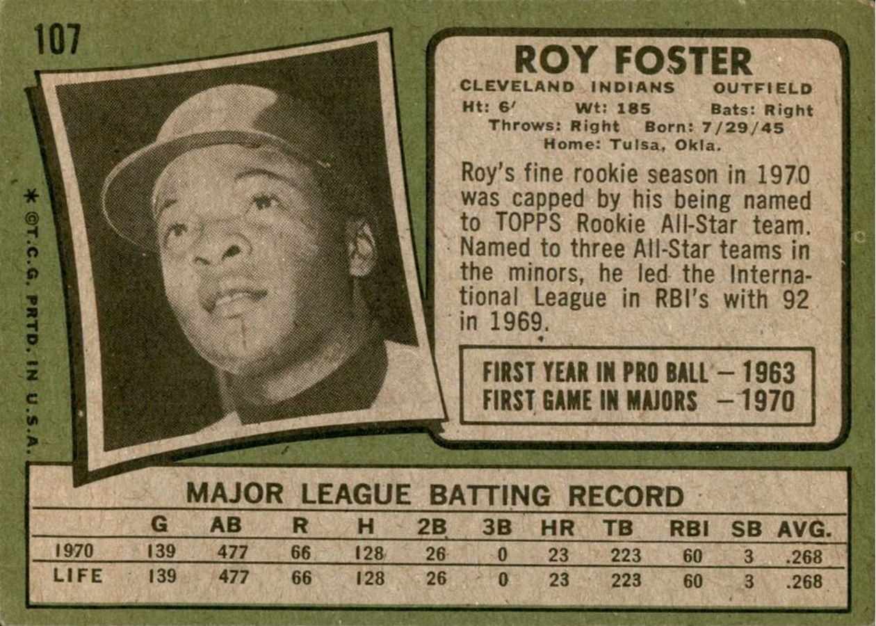 1971 Topps #107 Roy Foster card back