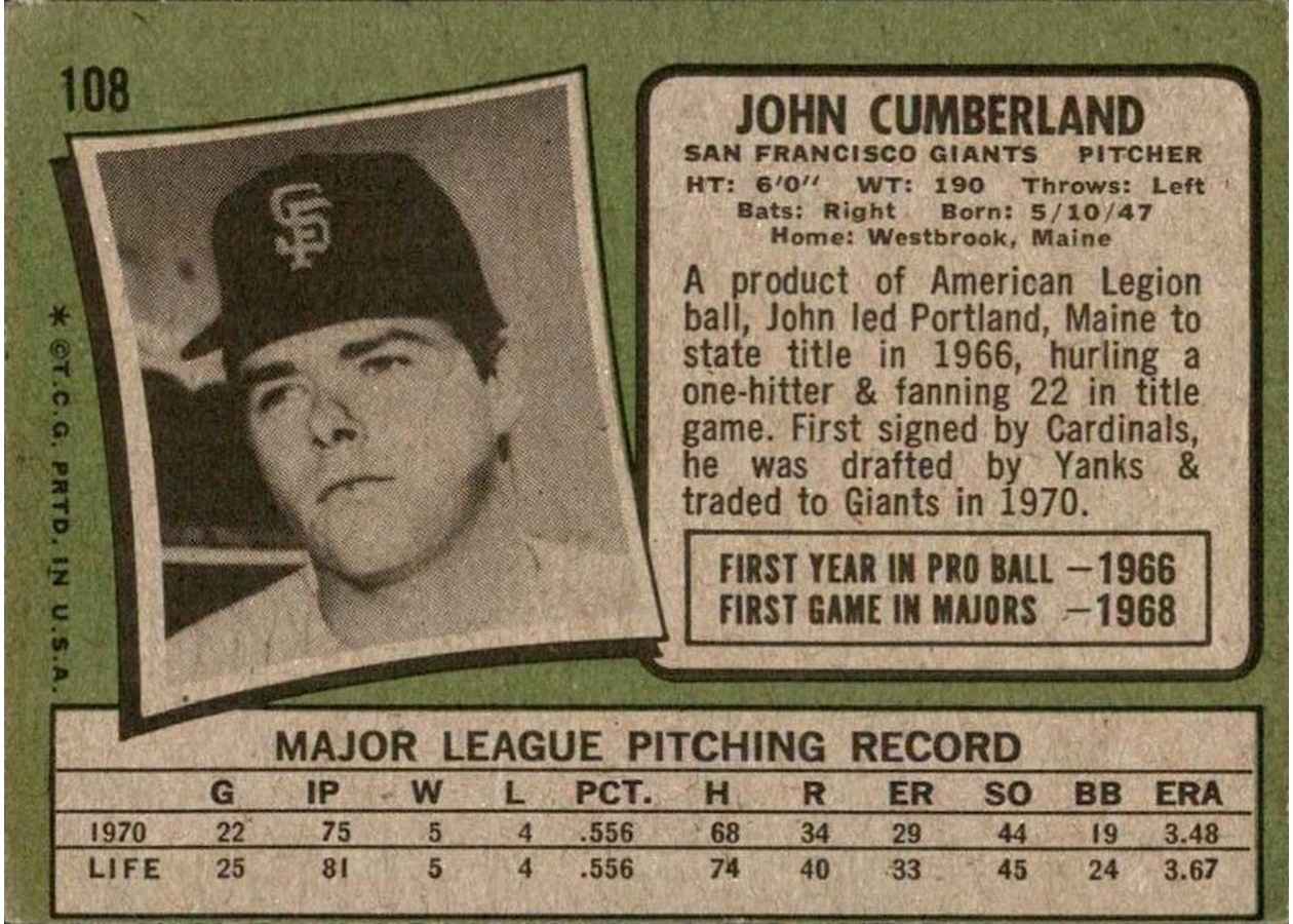 1971 Topps #108 John Cumberland card back