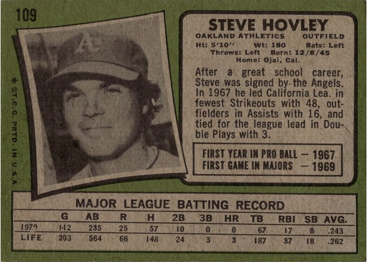1971 Topps #109 Steve Hovley card back