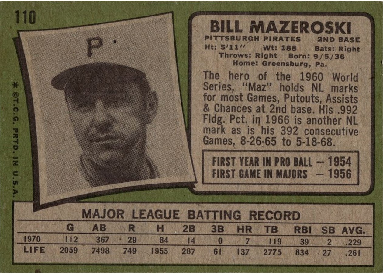 1971 Topps #110 Bill Mazeroski card back