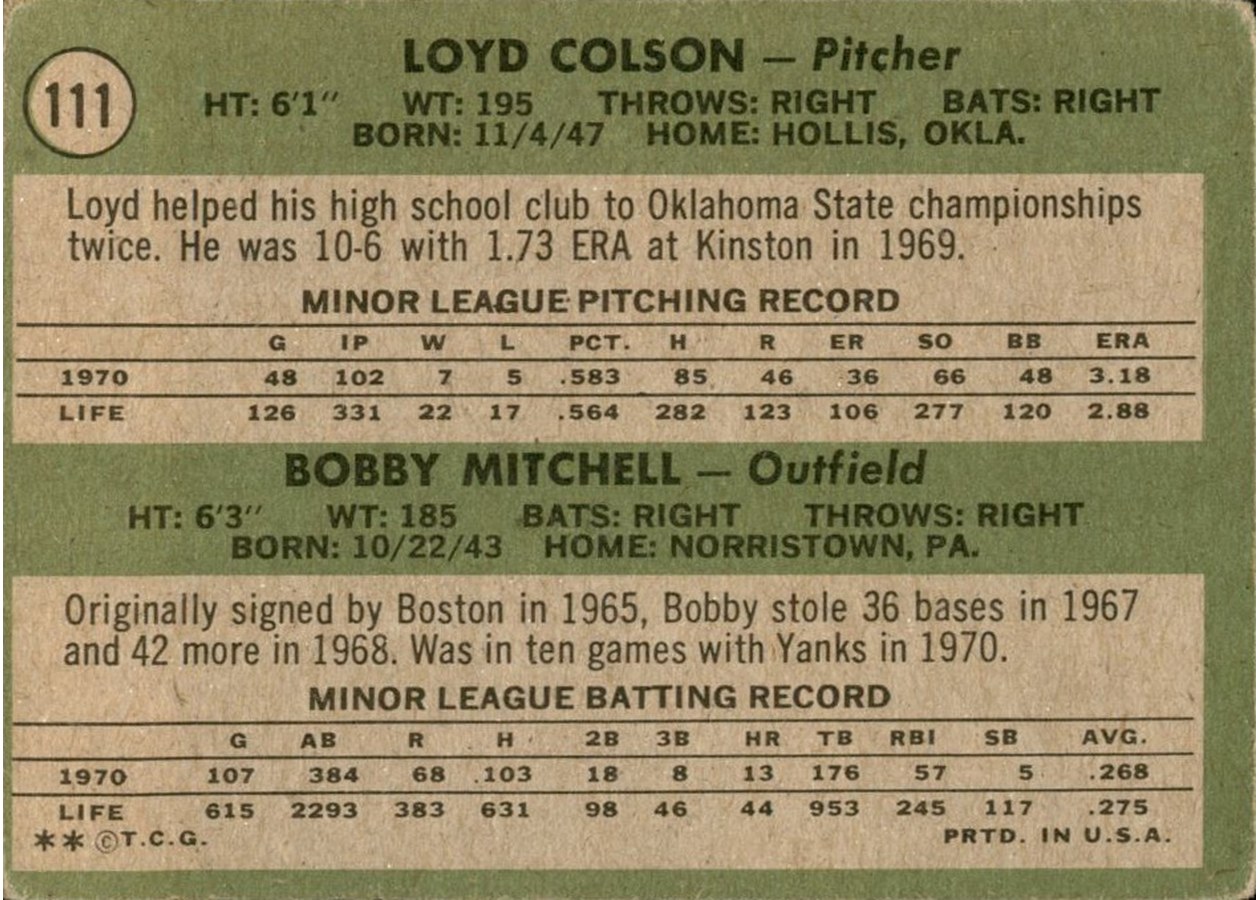 1971 Topps #111 Yankees 1971 Rookie Stars card back