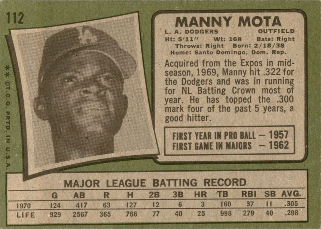 1971 Topps #112 Manny Mota card back