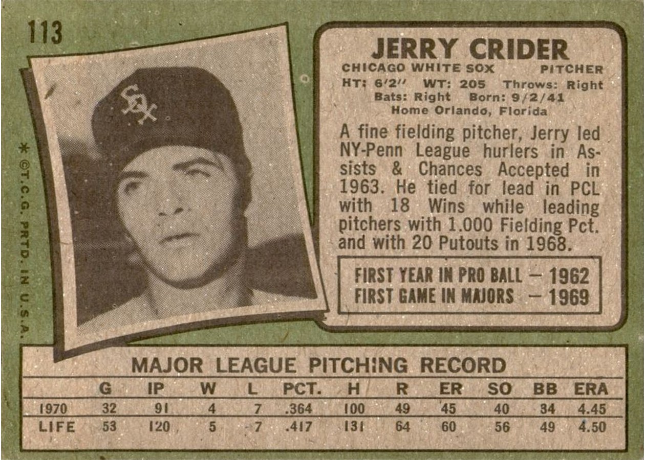 1971 Topps #113 Jerry Crider card back