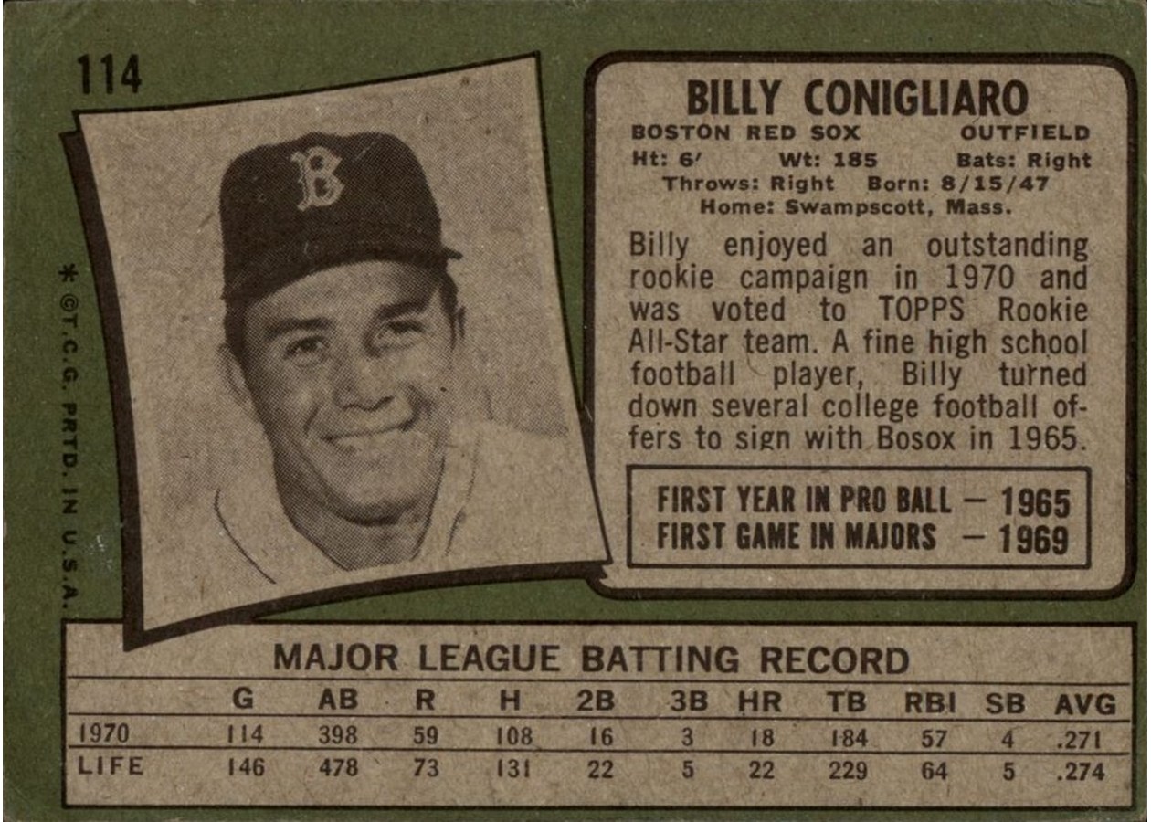 1971 Topps #114 Billy Conigliaro card back