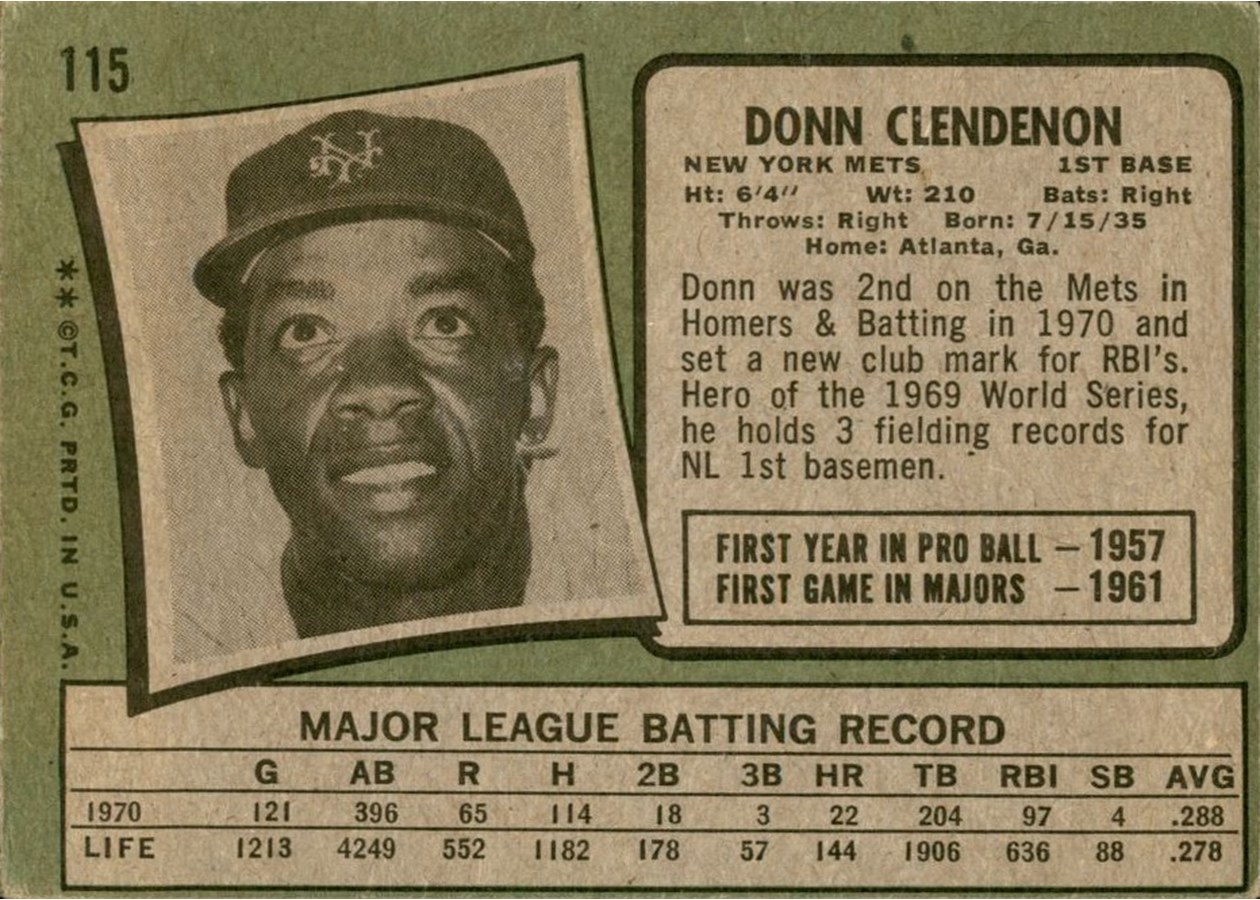 1971 Topps #115 Donn Clendenon card back