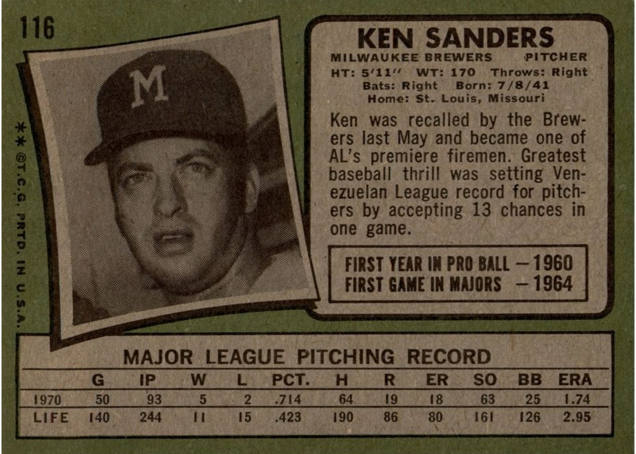 1971 Topps #116 Ken Sanders card back