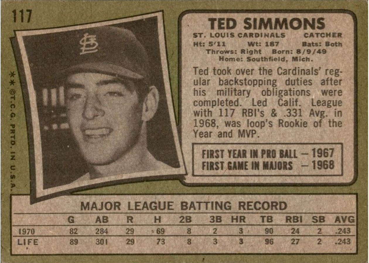 1971 Topps #117 Ted Simmons card back