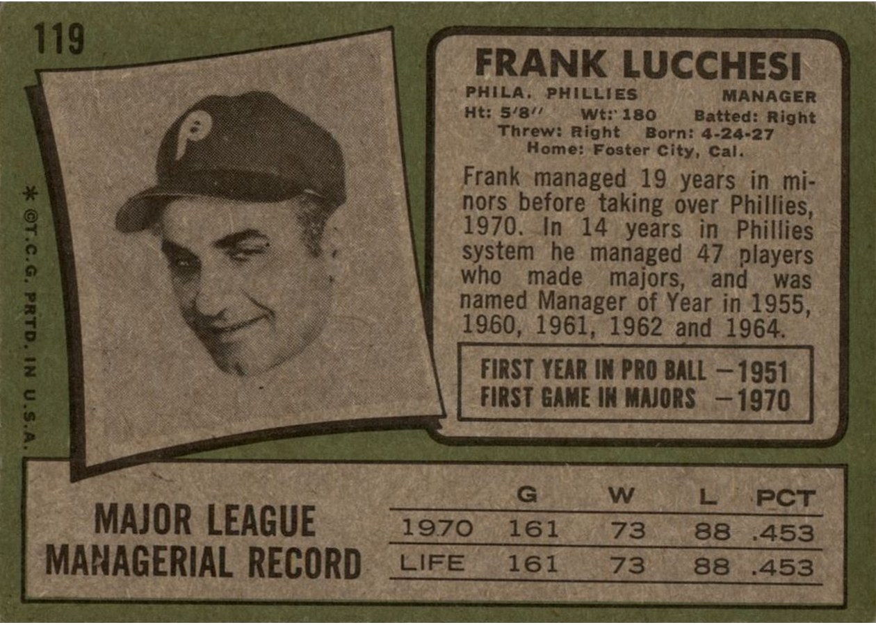 1971 Topps #119 Frank Lucchesi card back