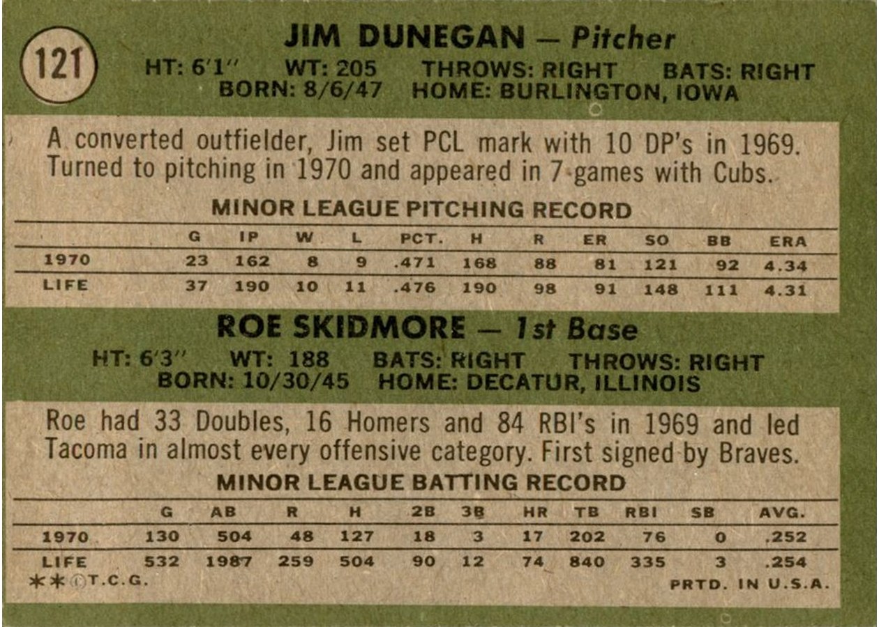 1971 Topps #121 Cubs 1971 Rookie Stars card back