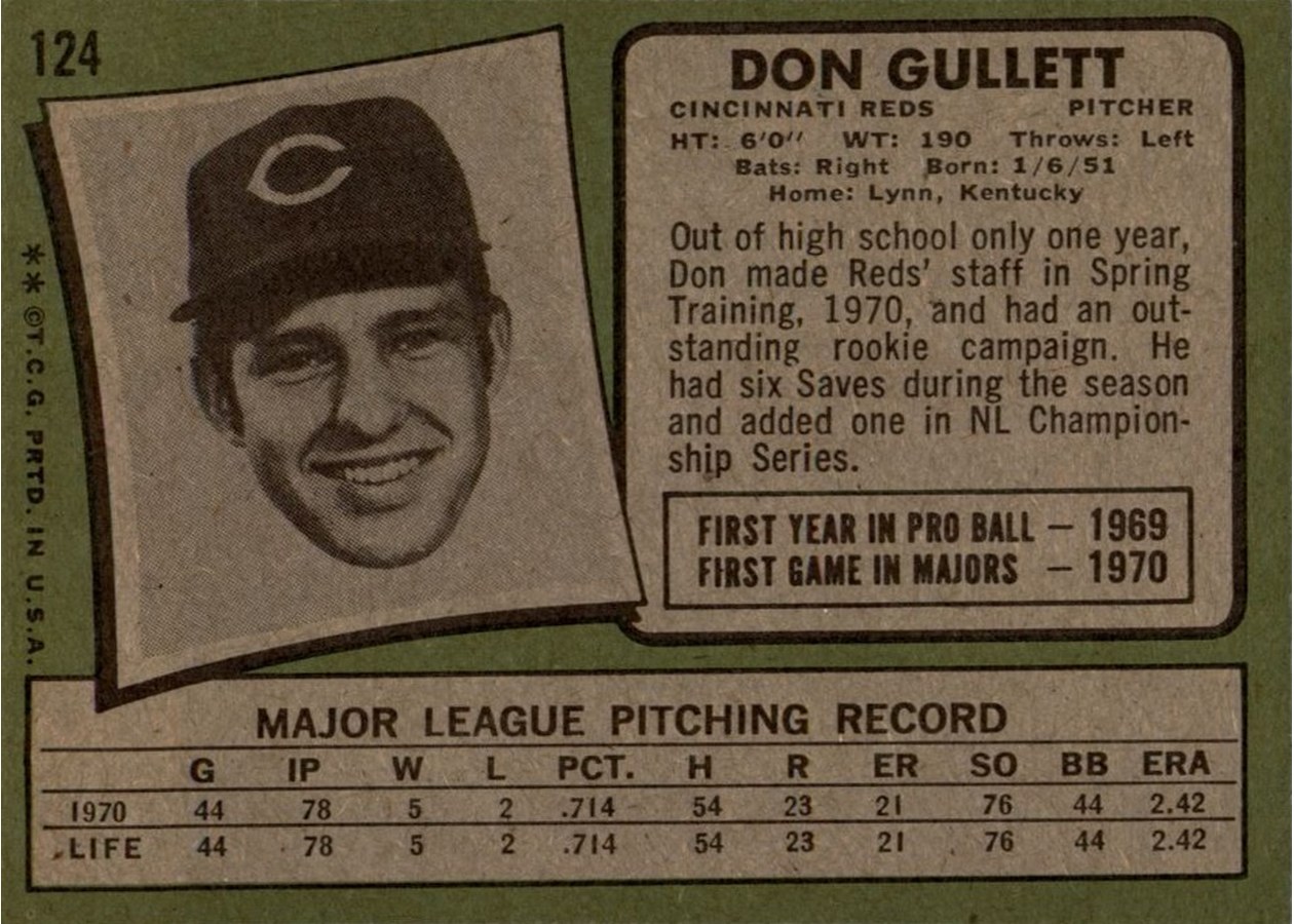 1971 Topps #124 Don Gullett card back