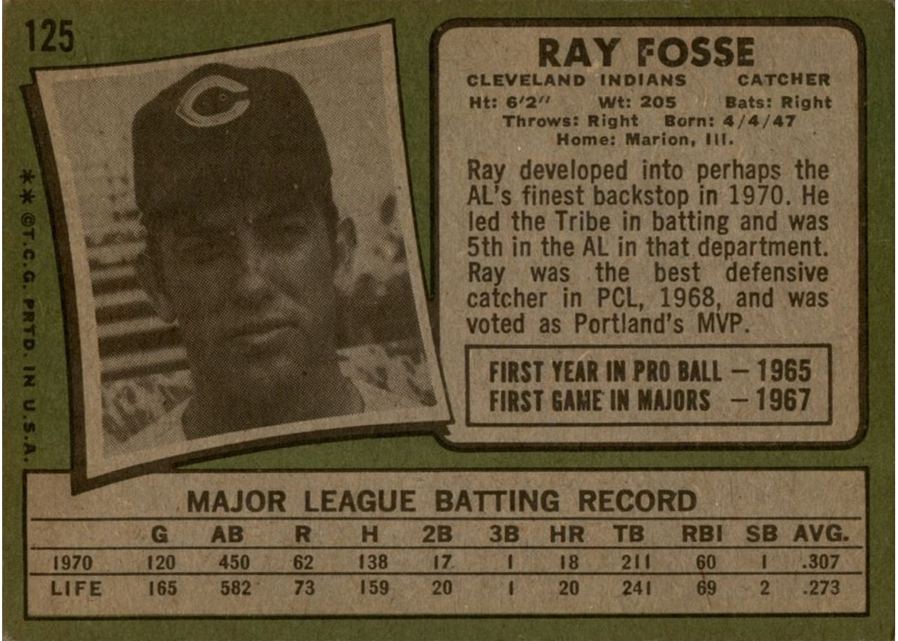1971 Topps #125 Ray Fosse card back