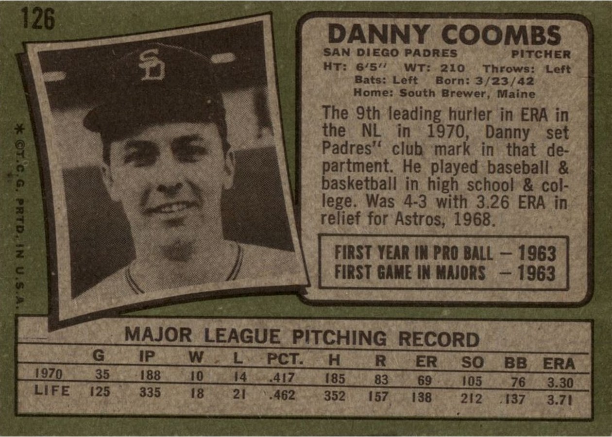 1971 Topps #126 Danny Coombs card back