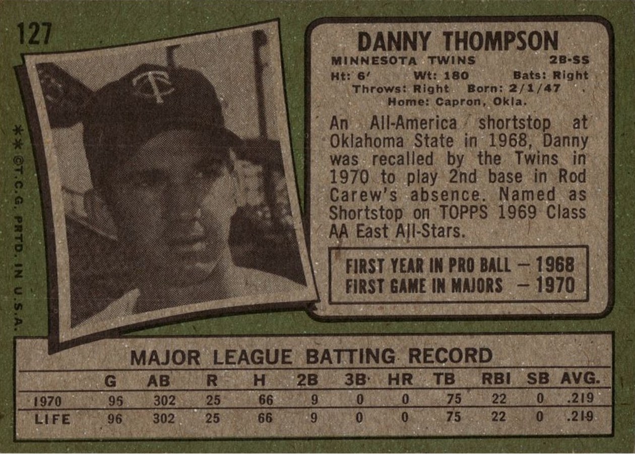 1971 Topps #127 Danny Thompson card back