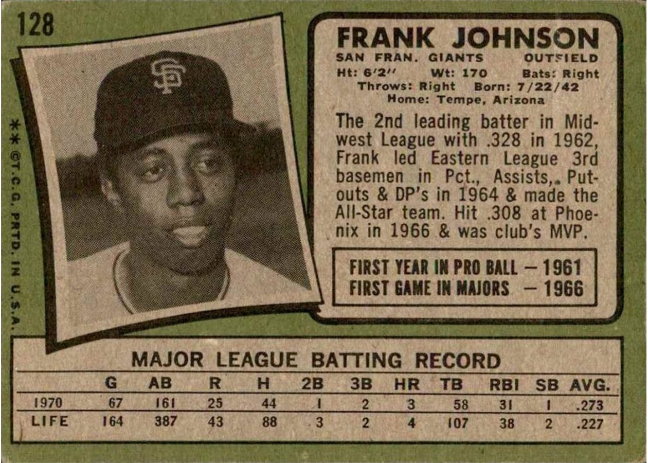 1971 Topps #128 Frank Johnson card back