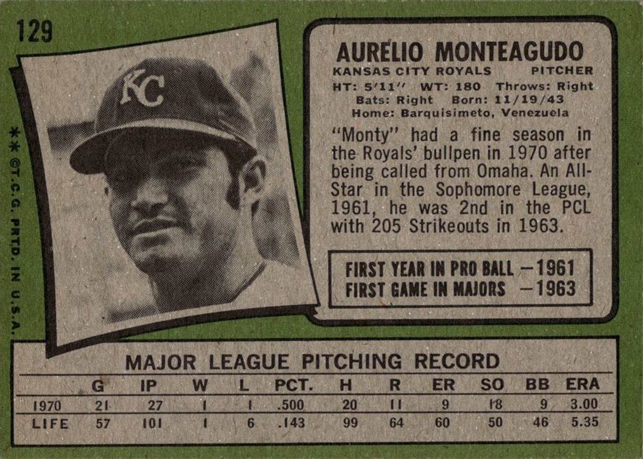 1971 Topps #129 Aurelio Monteagudo card back