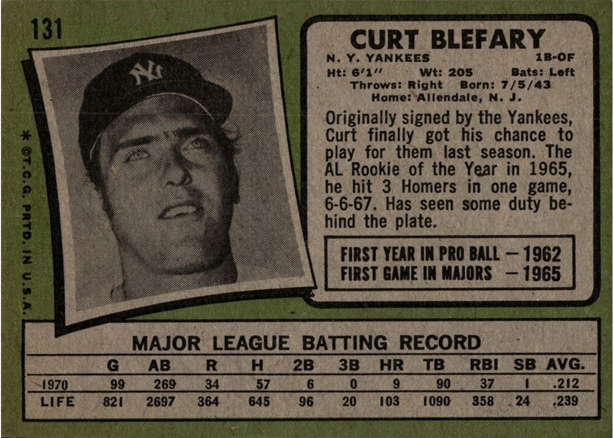 1971 Topps #131 Curt Blefary card back