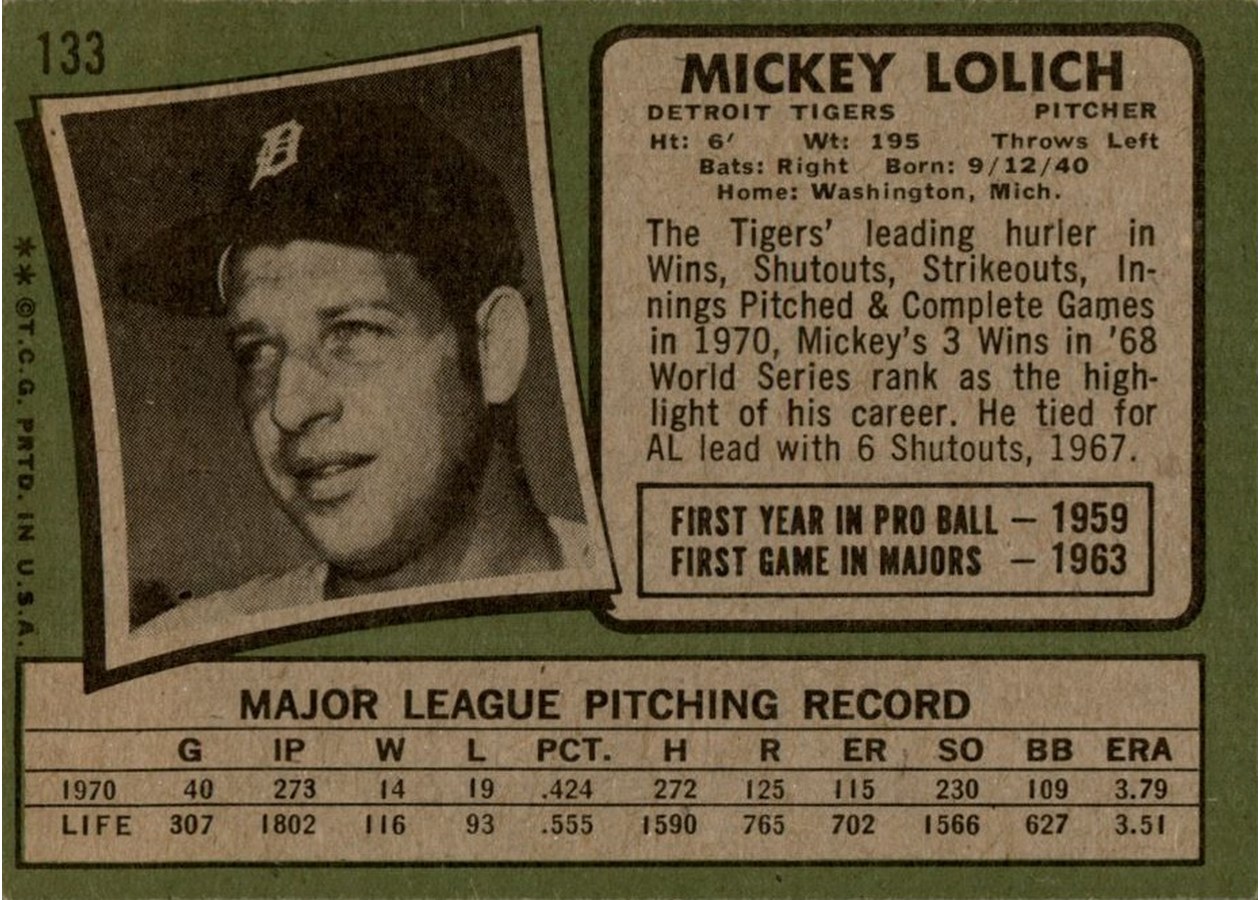1971 Topps #133 Mickey Lolich card back