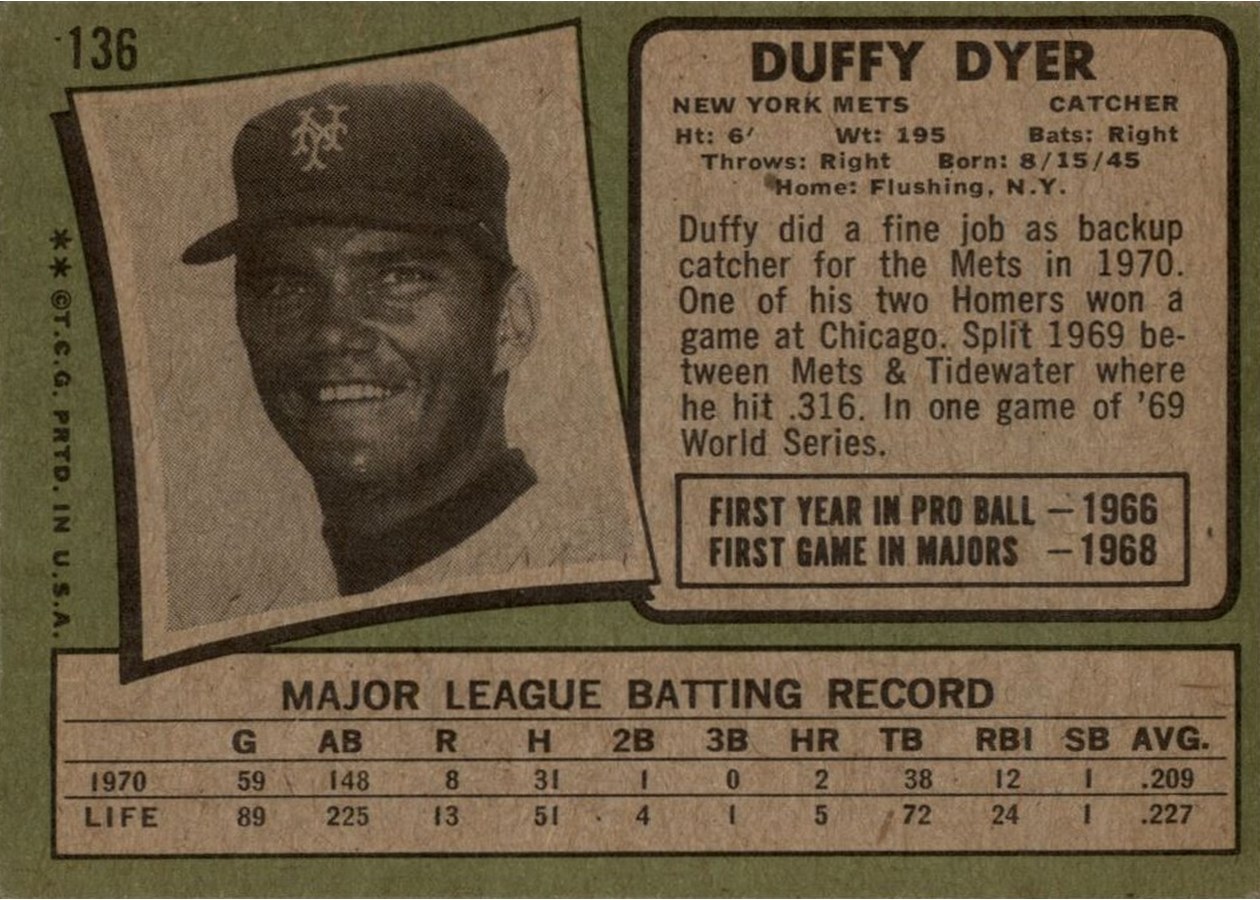 1971 Topps #136 Duffy Dyer card back