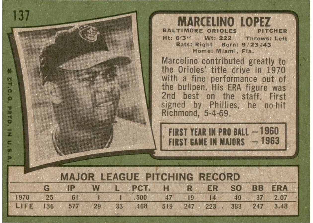 1971 Topps #137 Marcelino Lopez card back