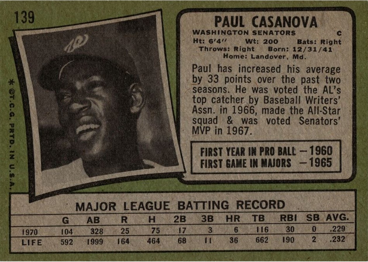 1971 Topps #139 Paul Casanova card back
