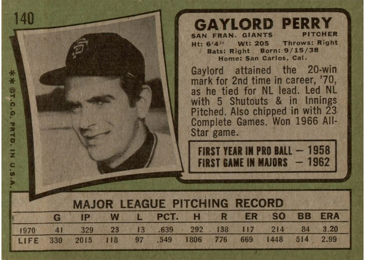 1971 Topps #140 Gaylord Perry card back