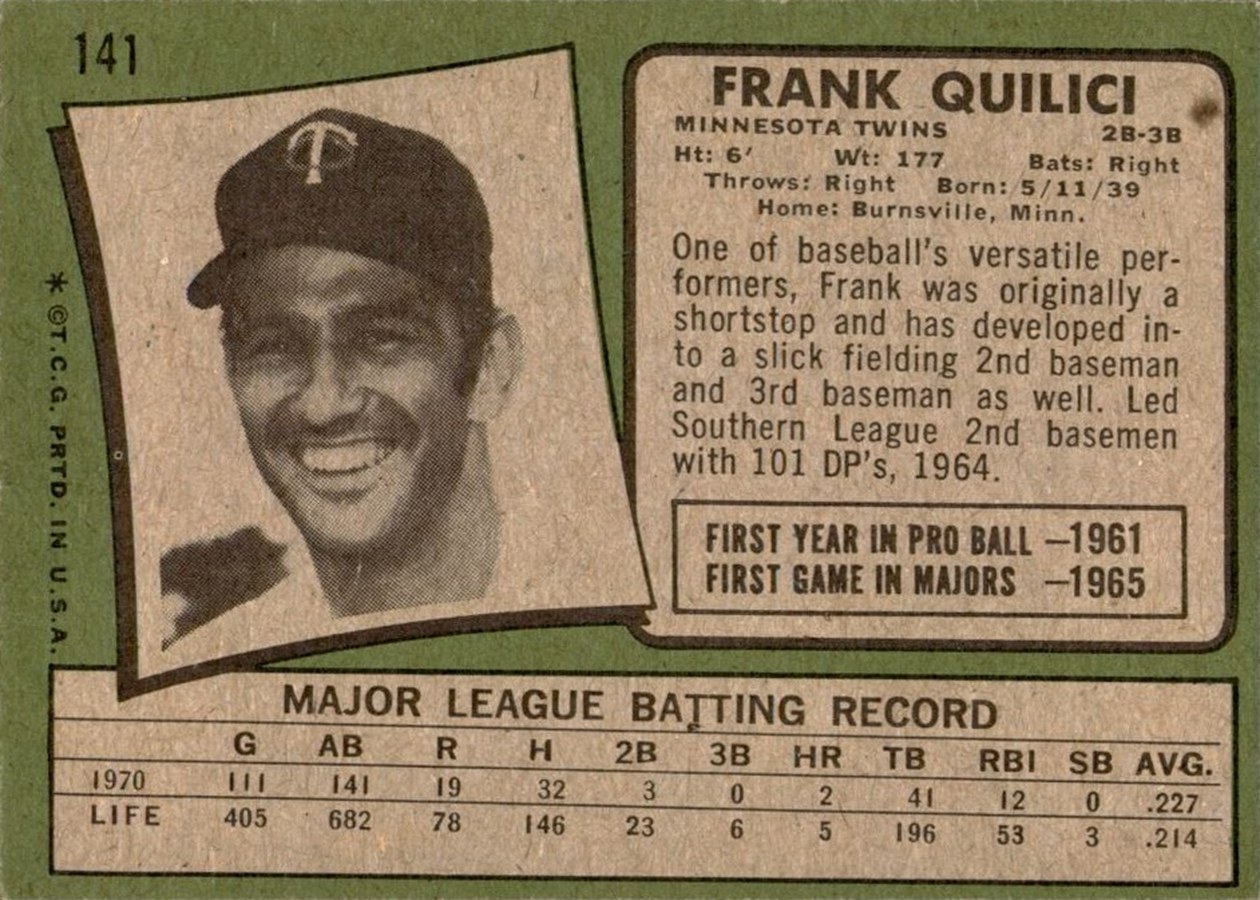 1971 Topps #141 Frank Quilici card back